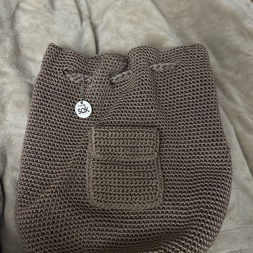 The Sak Taupe Knitted Drawstring Shoulder Bag